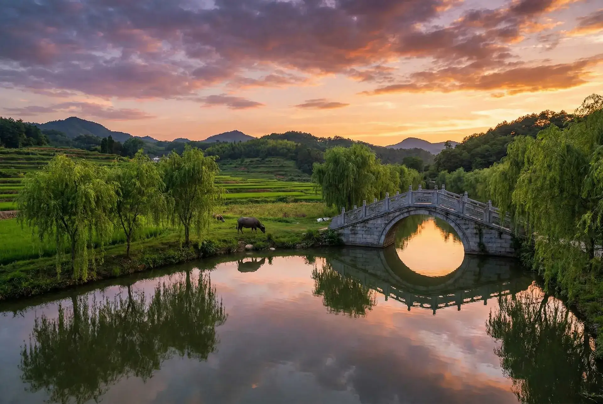 夕阳下的石拱桥与垂柳，水牛在河边吃草 - 玉浦团 乡村美景