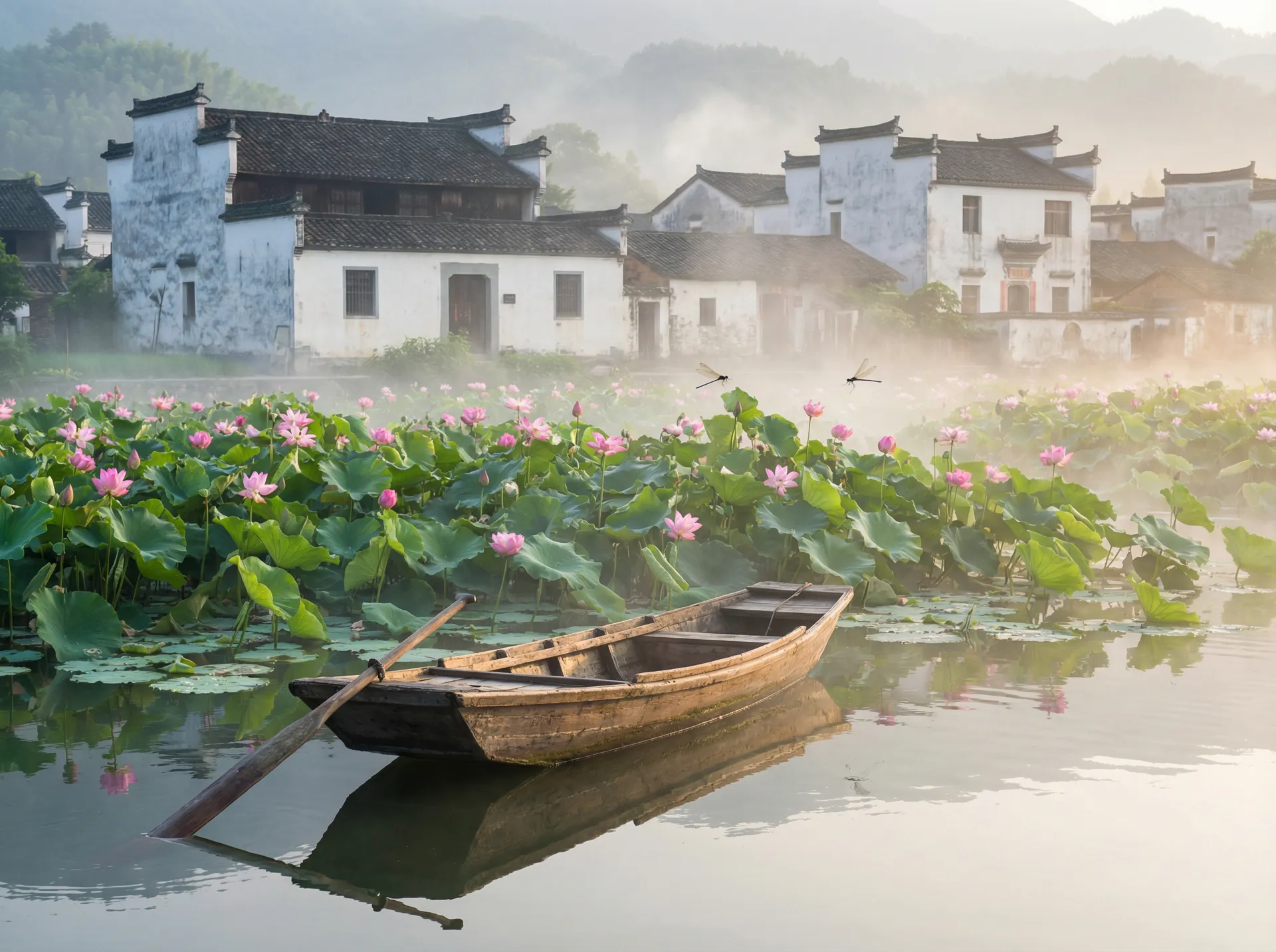 清晨荷塘小舟，粉色荷花盛开，白墙黑瓦的村庄 - 玉浦团 水乡风情